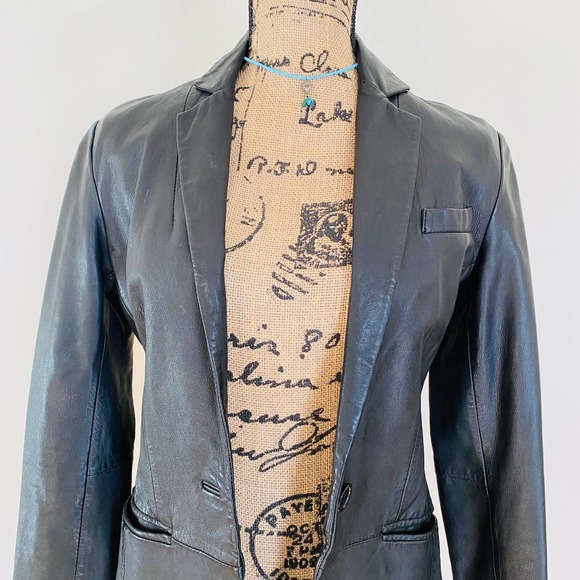 Aqua Lambskin Leather Black Cotton Lined Fitted Blazer Jacket Size Extra Small - Picture 3 of 10